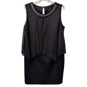 Enfocus Womens 14W Black Beaded Neck Sleeveless Shimmer Overlay Sheath Dress